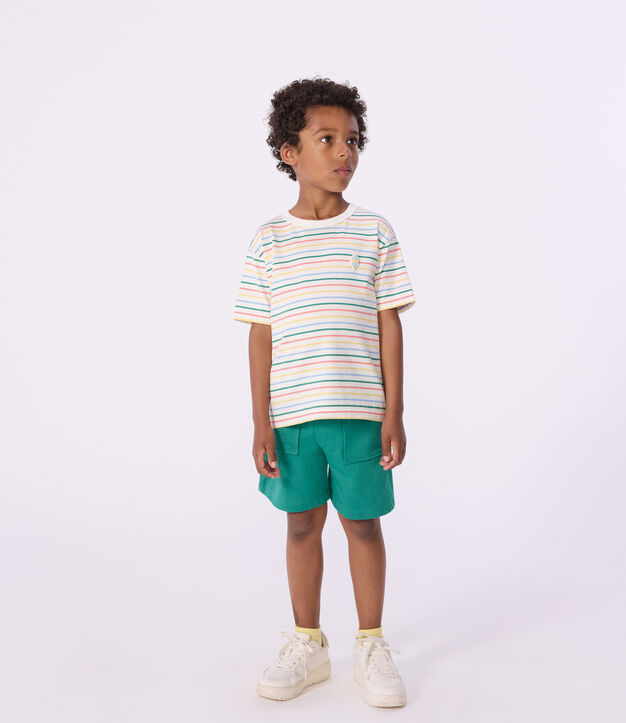Tee-shirt enfant manches courtes en coton &agrave; rayures blanc/multicouleur
