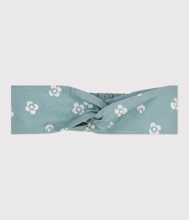 Bandeau enfant fille en popeline imprim&eacute; fleuri vert/blanc