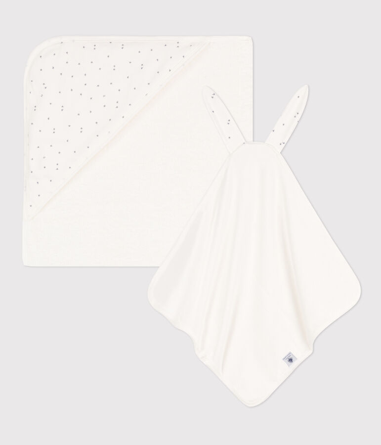 Carr&eacute; de bain et doudou en coton blanc/gris