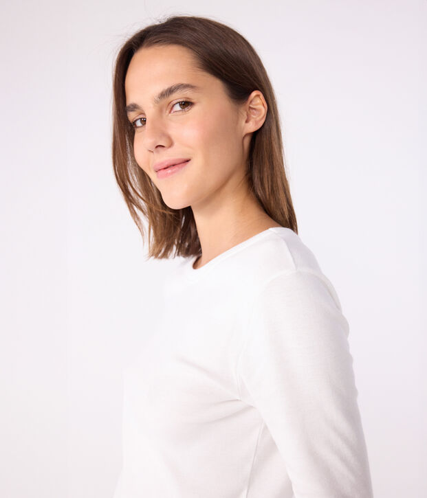 Tee-shirt l'Iconique manches longues en c&ocirc;te unie femme blanc