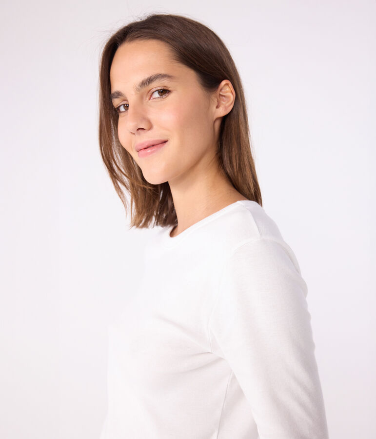 Tee-shirt l'Iconique manches longues en c&ocirc;te unie femme blanc ECUME