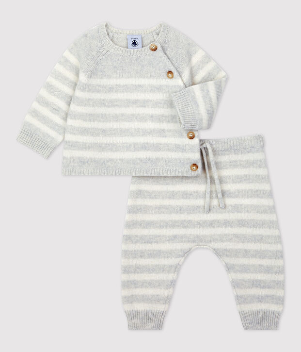 Ensemble 2 pi&egrave;ces ray&eacute; en tricot b&eacute;b&eacute; beige/blanc