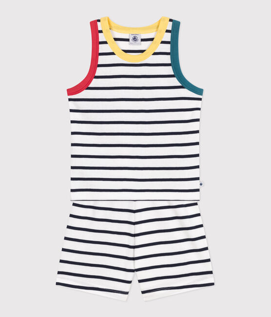 Pyjama short enfant en coton débardeur à rayures blanc MARSHMALLOW/bleu SMOKING