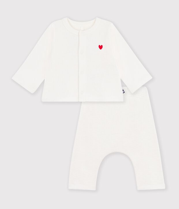 Ensemble b&eacute;b&eacute; en coton brod&eacute; poitrine uni blanc