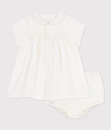 Robe bébé en coton/lin avec son bloomer, avec détail brodé