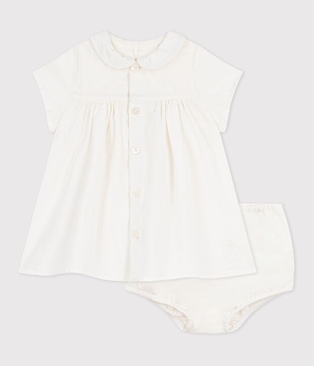 Robe b&eacute;b&eacute; en coton/lin avec son bloomer, avec d&eacute;tail brod&eacute; blanc