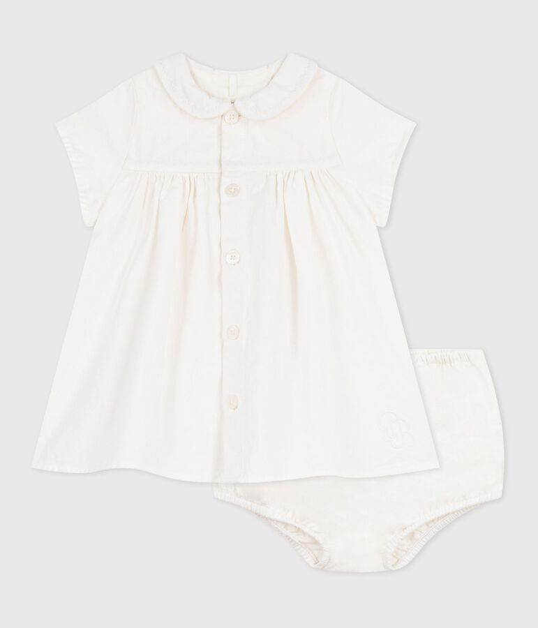 Robe b&eacute;b&eacute; en coton/lin avec son bloomer, avec d&eacute;tail brod&eacute; blanc MARSHMALLOW