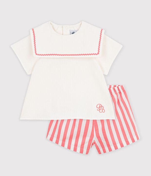 Ensemble b&eacute;b&eacute; 2 pi&egrave;ces en coton/lin, haut col marin rose/blanc
