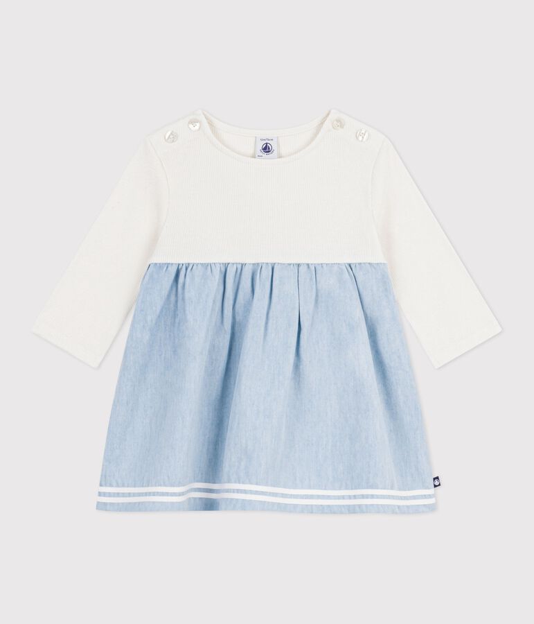 Robe b&eacute;b&eacute; bi-mati&egrave;re manches longues, en coton et chambray &eacute;cru/multicouleur