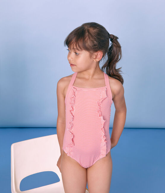 Maillot de bain 1 pièce enfant fille rose GROSEILLER/blanc MARSHMALLOW