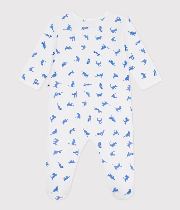 Pyjama b&eacute;b&eacute; en tubique imprim&eacute; chat blanc/bleu