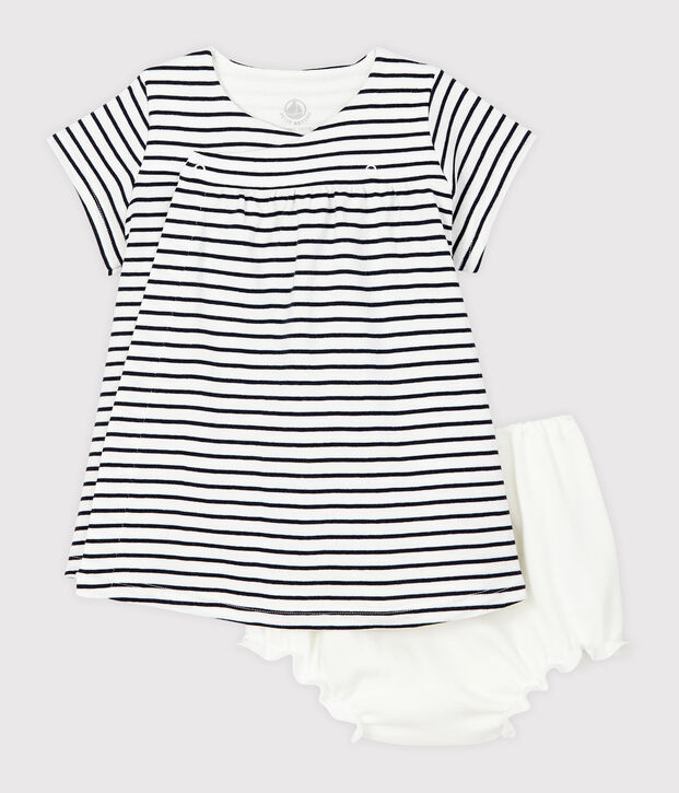 Robe manches courtes avec bloomer b&eacute;b&eacute; fille en c&ocirc;te blanc/bleu