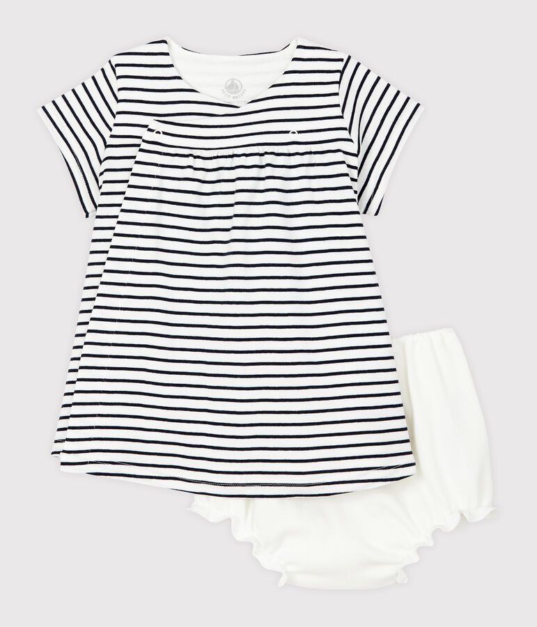 Robe manches courtes avec bloomer b&eacute;b&eacute; fille en c&ocirc;te blanc/bleu