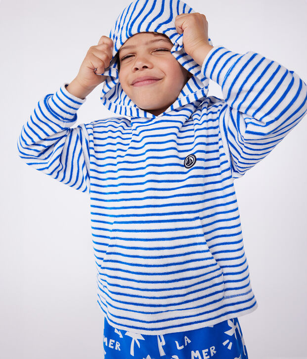 Sweatshirt &agrave; capuche enfant mixte en coton &eacute;ponge &agrave; rayures bleu/bleu