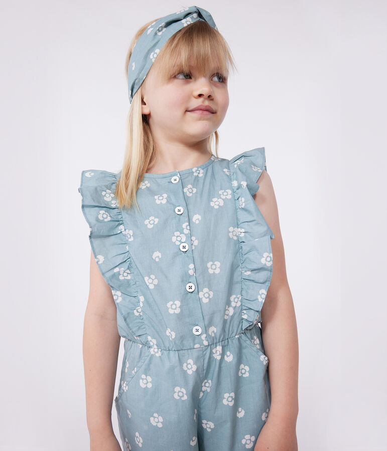 Combinaison enfant en coton sans manche fleurie bleu PAUL/blanc MARSHMALLOW