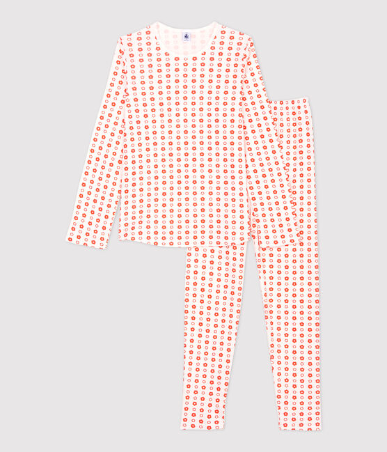 Pyjama imprimé fleurs graphiques fille en coton biologique blanc MARSHMALLOW/ SPICY