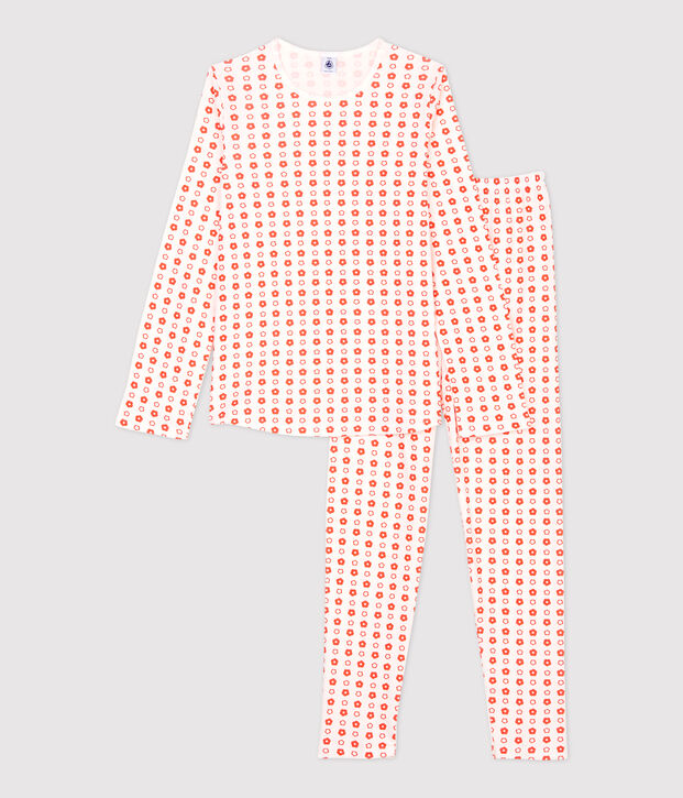 Pyjama imprim&eacute; fleurs graphiques fille en coton biologique blanc/rouge