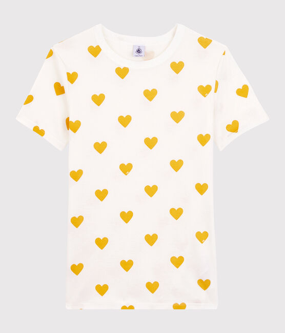T-shirt col rond à coeurs en coton  Femme blanc MARSHMALLOW/jaune OCRE