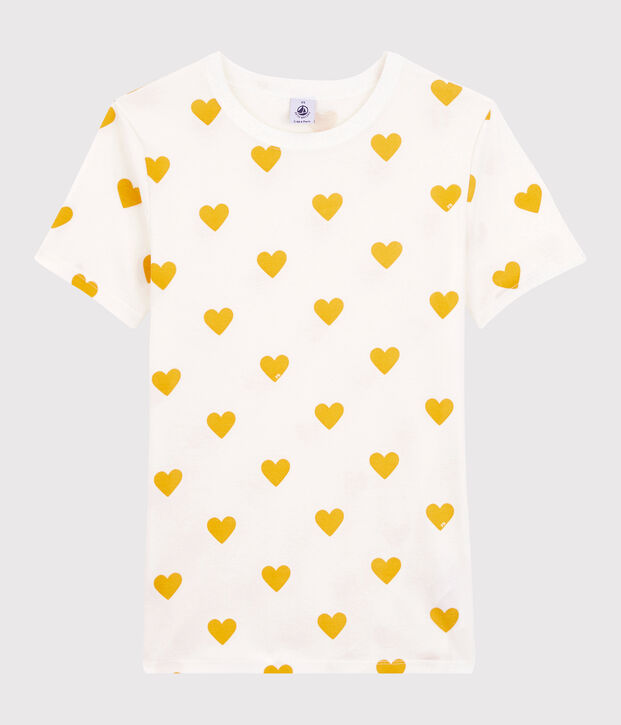 T-shirt col rond &agrave; coeurs en coton  Femme blanc/jaune