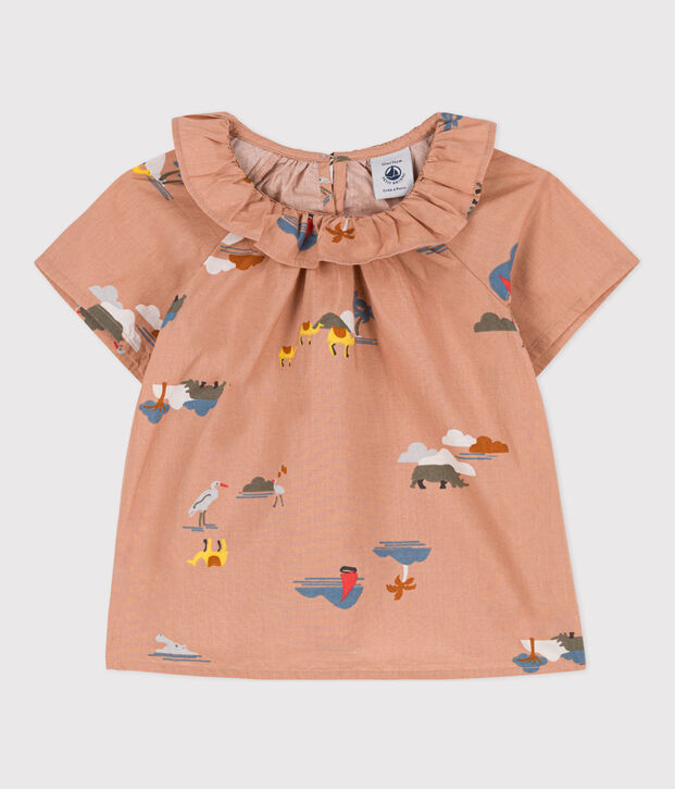 Blouse manches courtes b&eacute;b&eacute; en popeline imprim&eacute;e beige/multicouleur
