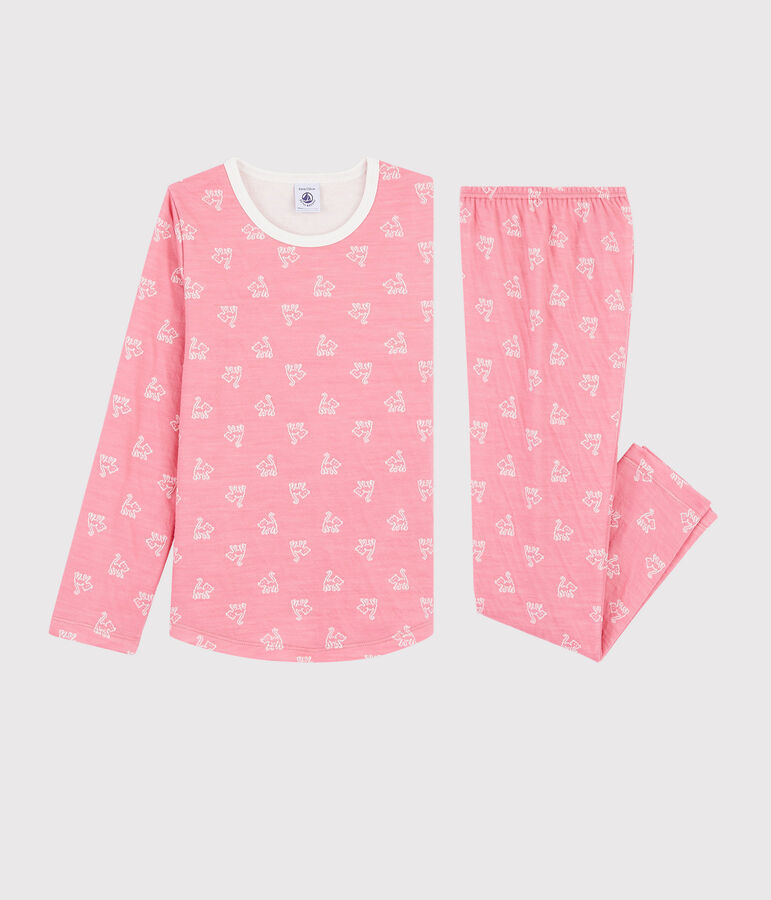 Pyjama jacquard chats petite fille en laine et coton rose/blanc
