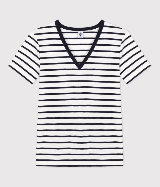 Tee-shirt L'ICONIQUE col V en coton Femme blanc/bleu