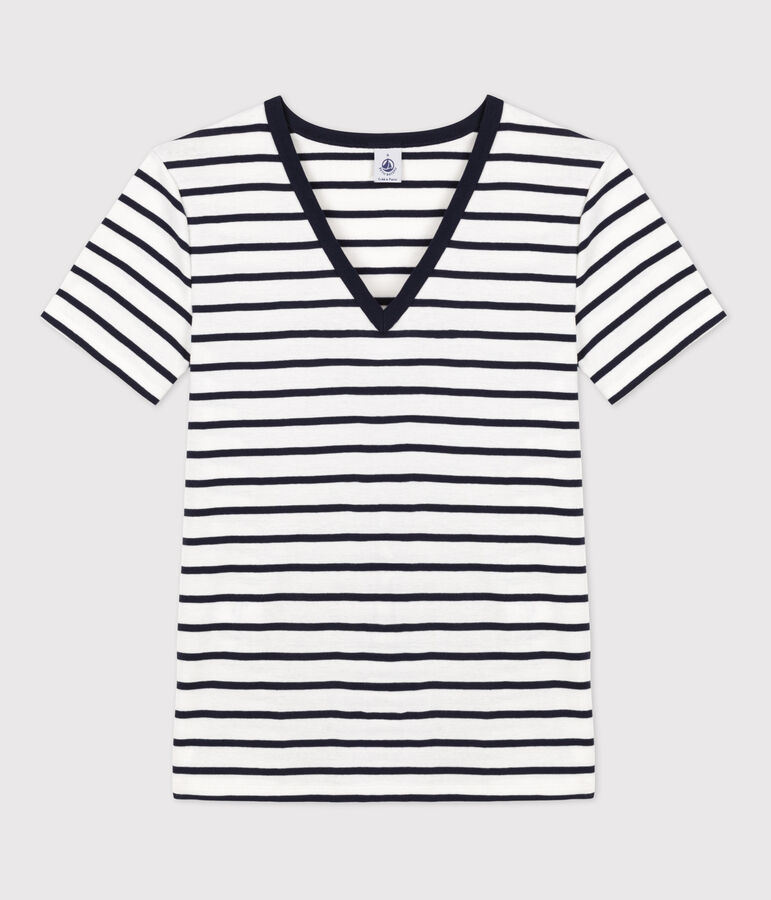 Tee-shirt L'ICONIQUE col V en coton Femme blanc MARSHMALLOW/bleu SMOKING