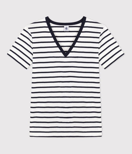 Tee-shirt L'ICONIQUE col V en coton Femme blanc MARSHMALLOW/bleu SMOKING