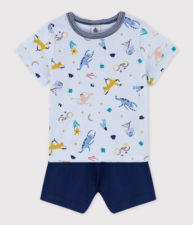Pyjacourt imprim&eacute; animaux yoga petit gar&ccedil;on en coton bleu/multicouleur