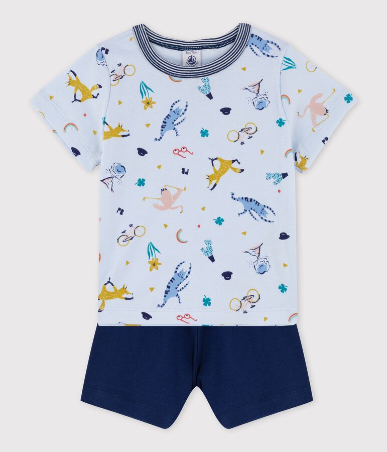 Pyjacourt imprim&eacute; animaux yoga petit gar&ccedil;on en coton bleu FRAICHEUR/blanc MULTICO
