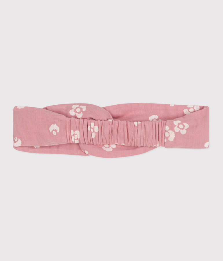 Bandeau b&eacute;b&eacute; en gaze de coton imprim&eacute; fleurs rose/blanc