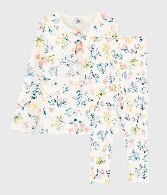 Pyjama fleurs printanières petite fille en tubique blanc MARSHMALLOW/blanc MULTICO