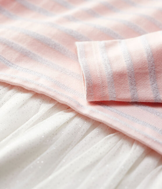 Robe manches longues coton et tulle enfant fille rose MINOIS/ MARSHMALLOW ARGENT BRILLANT