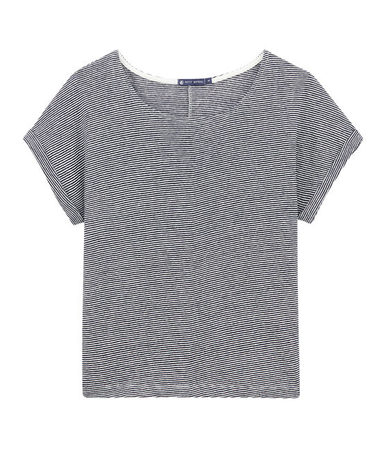 T-shirt fluide femme en lin rayé milleraies bleu SMOKING/blanc LAIT