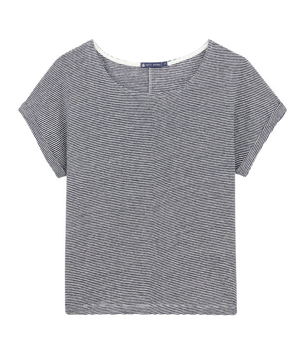 T-shirt fluide femme en lin ray&eacute; milleraies bleu/blanc