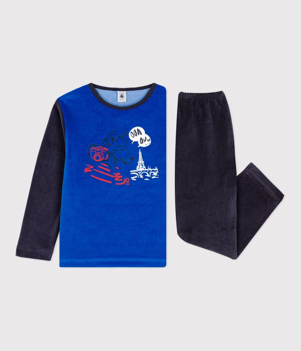 Pyjama petit gar&ccedil;on motif loup en velours bleu/bleu