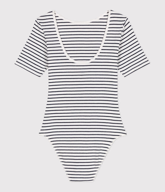 Body femme en coton et élasthanne manches courtes à rayures blanc MARSHMALLOW/bleu SMOKING