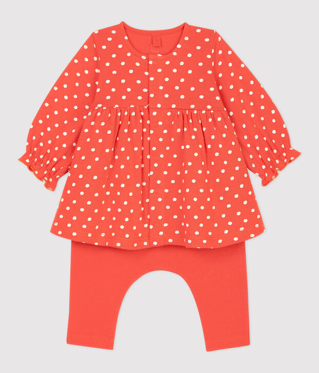 Robe legging &agrave; pois b&eacute;b&eacute; fille en coton biologique orange/blanc