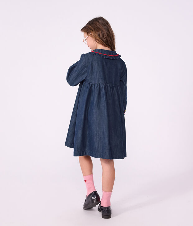 Robe enfant en denim manches longue unie bleu