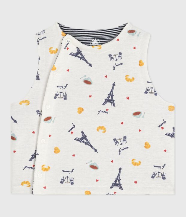 Gilet sans manche r&eacute;versible b&eacute;b&eacute; en coton imprim&eacute; blanc/bleu