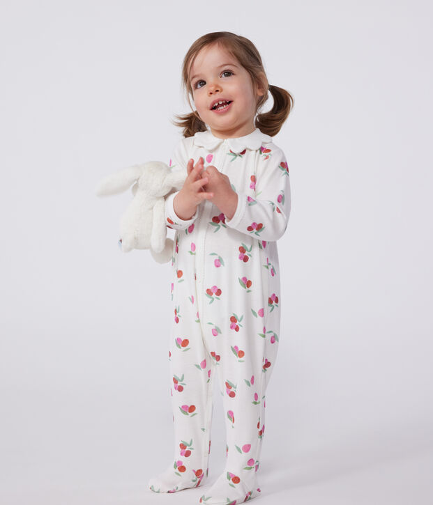 Pyjama b&eacute;b&eacute; en coton avec col p&eacute;tale fruits blanc/multicouleur