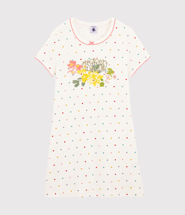 Chemise de nuit petite fille en c&ocirc;te blanc/multicouleur