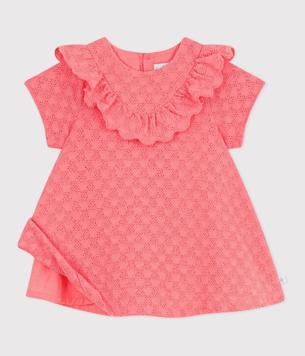 Robe b&eacute;b&eacute; en broderie anglaise manches courtes, motifs c&oelig;urs corail