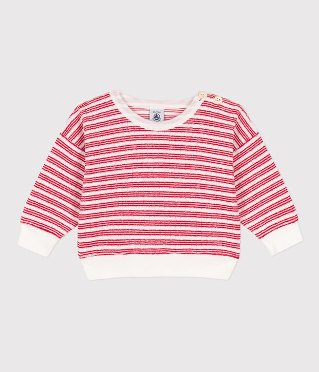 Sweatshirt b&eacute;b&eacute; en bouclette &eacute;ponge ray&eacute;e blanc/rouge