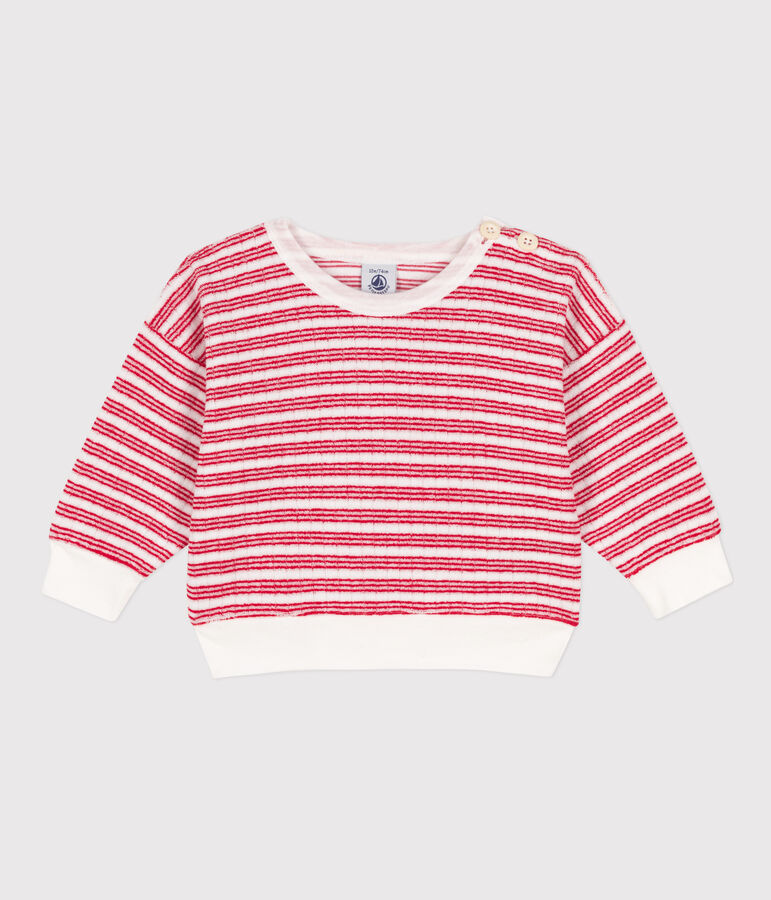 Sweatshirt b&eacute;b&eacute; en bouclette &eacute;ponge ray&eacute;e blanc MARSHMALLOW/rouge PEPS
