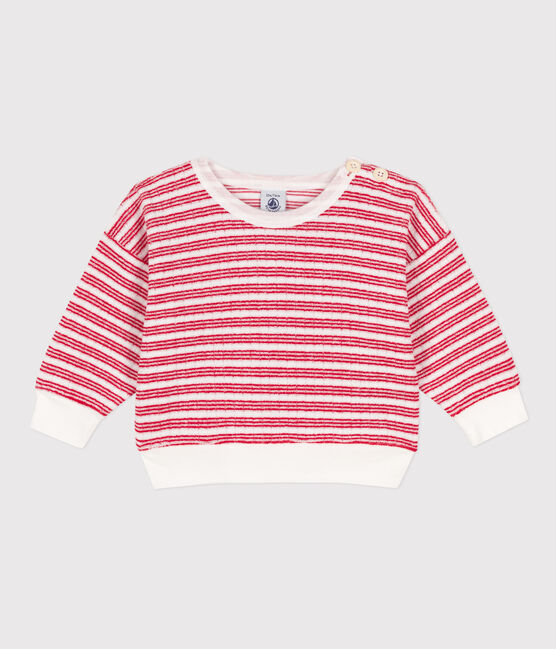 Sweatshirt bébé en bouclette éponge rayée blanc MARSHMALLOW/rouge PEPS
