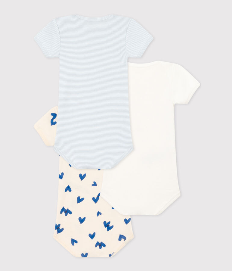Lot de 3 bodies manches courtes c&oelig;urs bleus b&eacute;b&eacute; en coton multicouleur