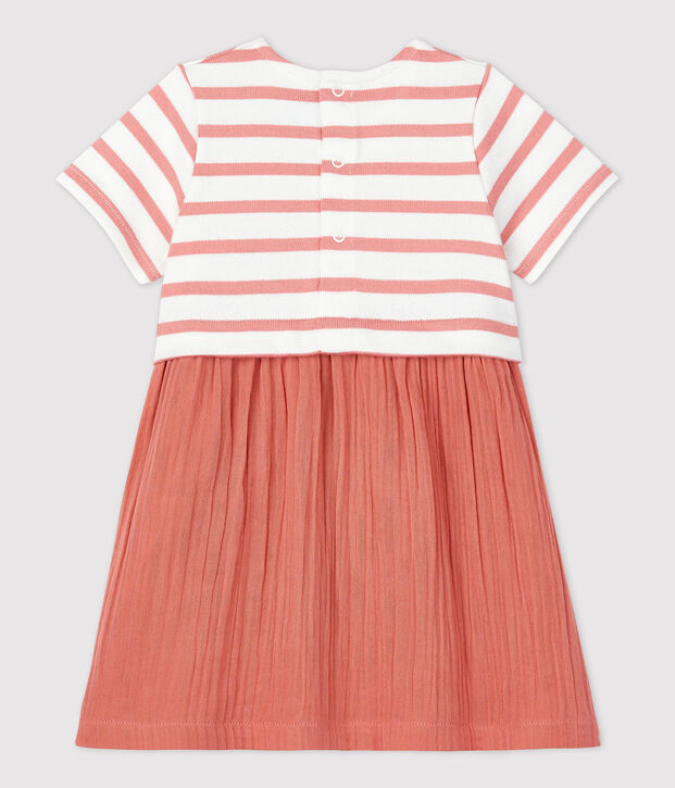 Robe bi-mati&egrave;re en gaze de coton et jersey &eacute;pais bio b&eacute;b&eacute; blanc/rose