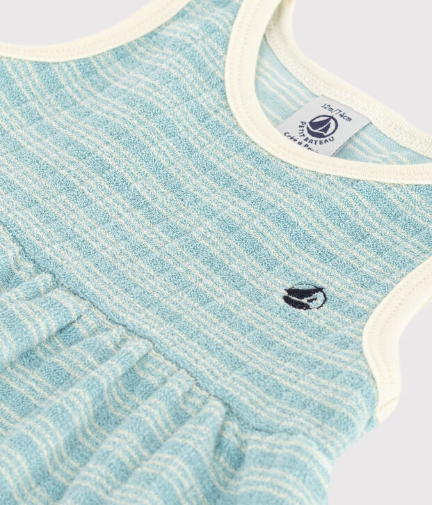 Robe sans manche b&eacute;b&eacute; en bouclette &eacute;ponge ray&eacute;e vert/&eacute;cru