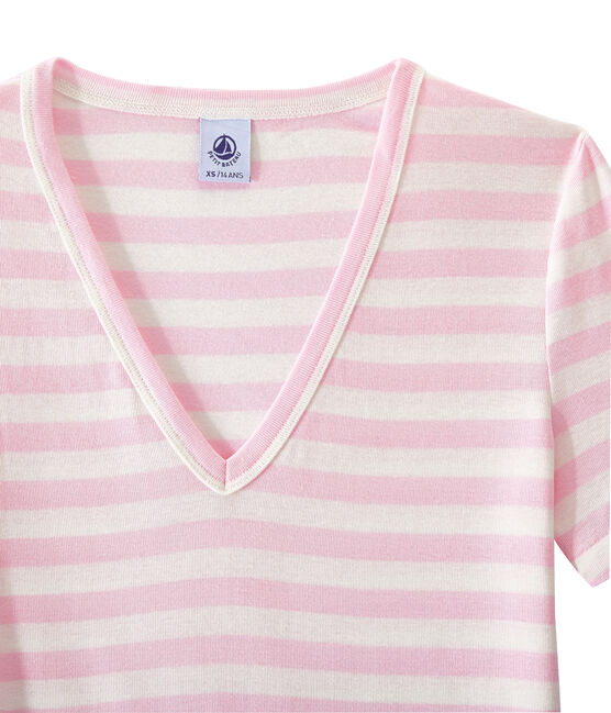 T-shirt femme col V en côte originale rayée rose BABYLONE/blanc MARSHMALLOW